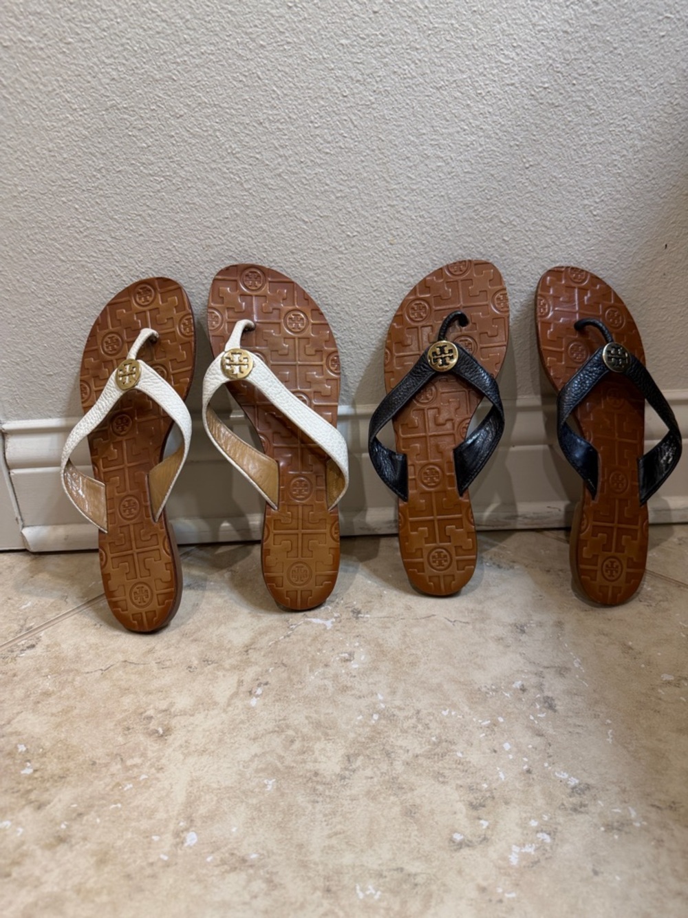 Tory Burch Duo Miller Flip Flops in White and Black with Gold Logo
